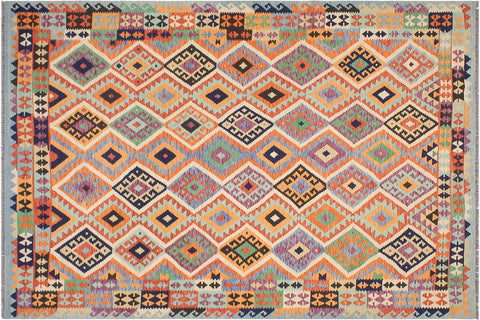 handmade Geometric Kilim Rust Blue Hand-Woven RECTANGLE 100% WOOL area rug 8 x 10