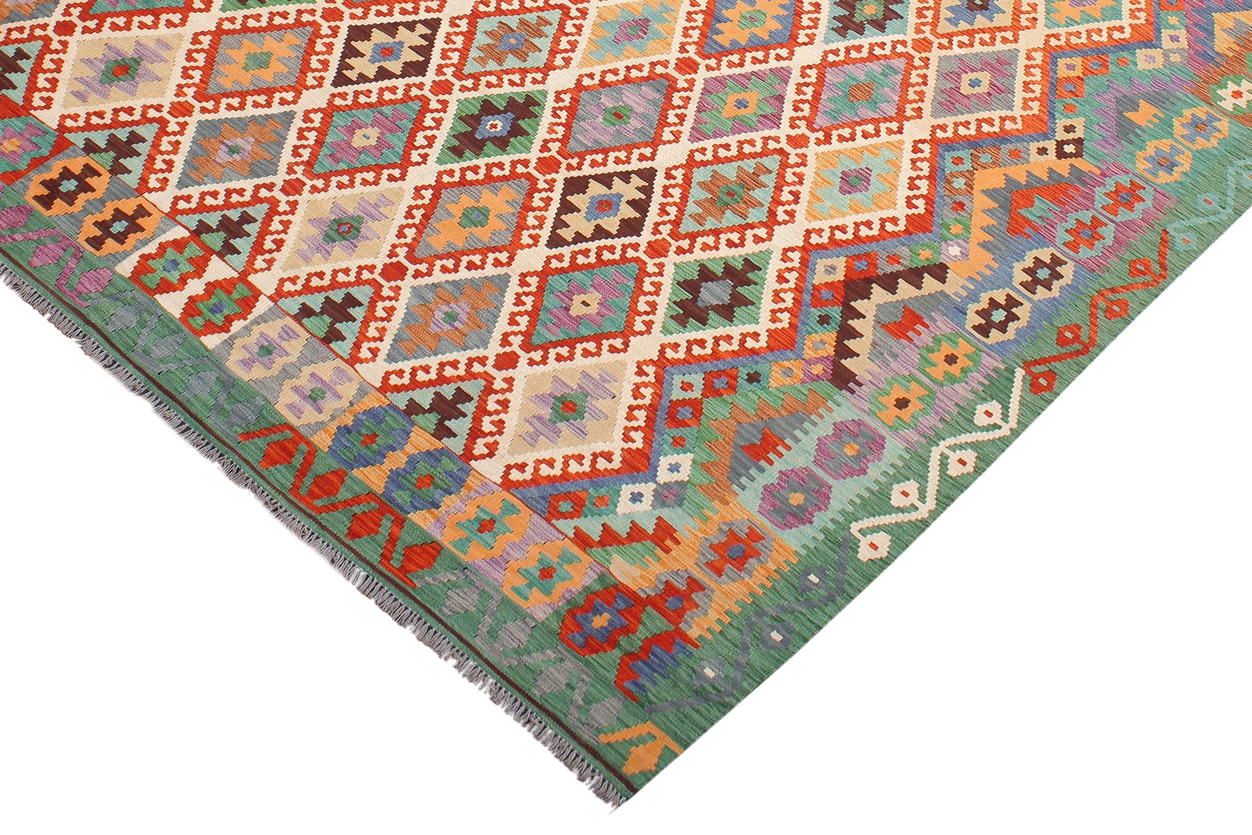 handmade Geometric Kilim Beige Green Hand-Woven RECTANGLE 100% WOOL area rug 8 x 11