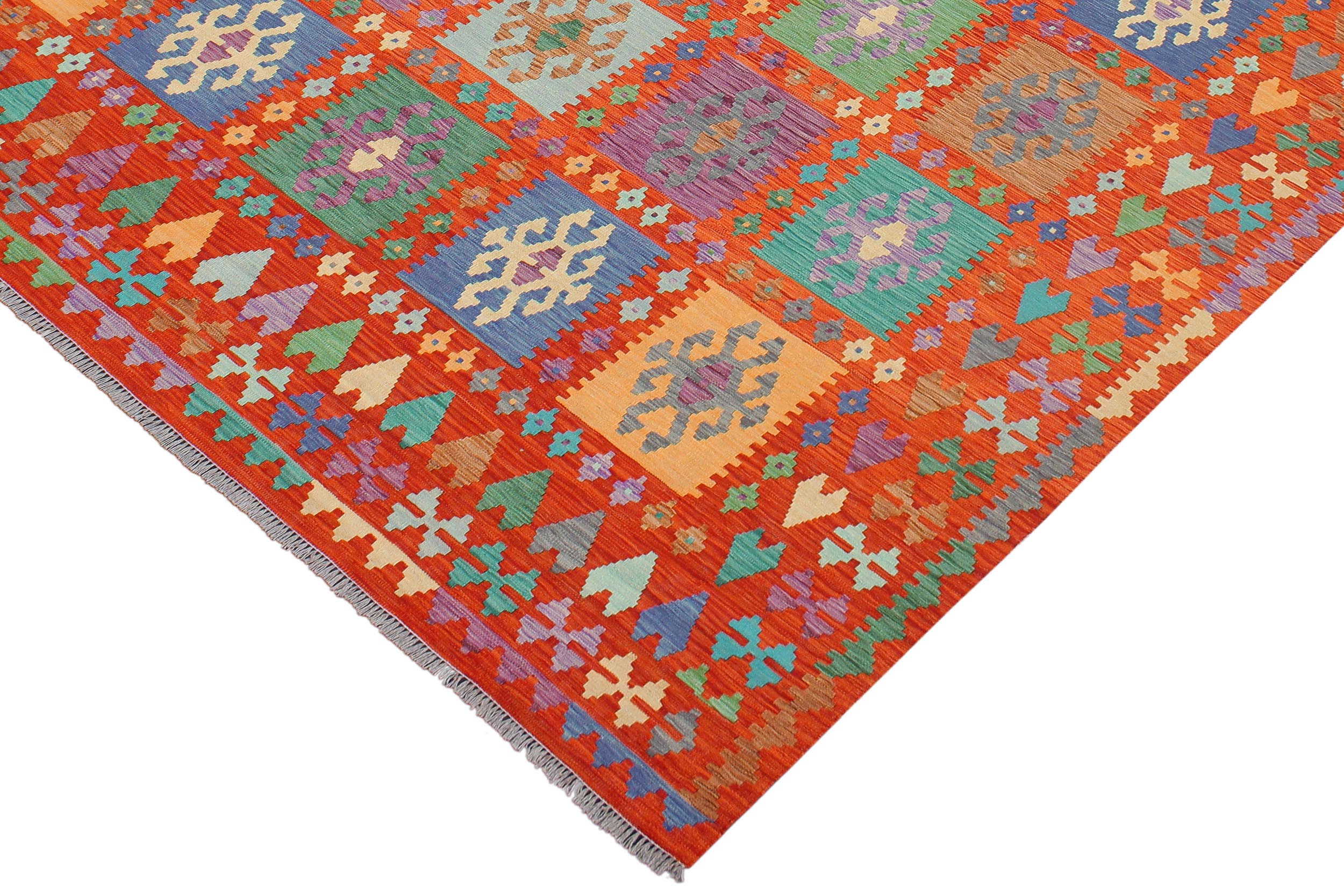 handmade Geometric Kilim Rust Blue Hand-Woven RECTANGLE 100% WOOL area rug 8 x 10