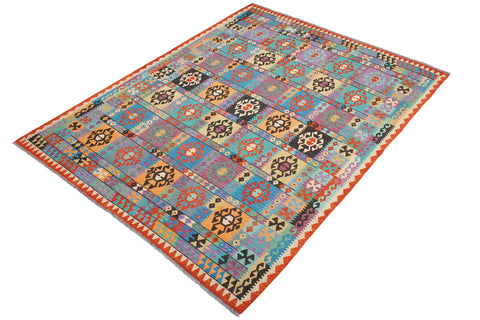handmade Geometric Kilim Blue Rust Hand-Woven RECTANGLE 100% WOOL area rug 8 x 11
