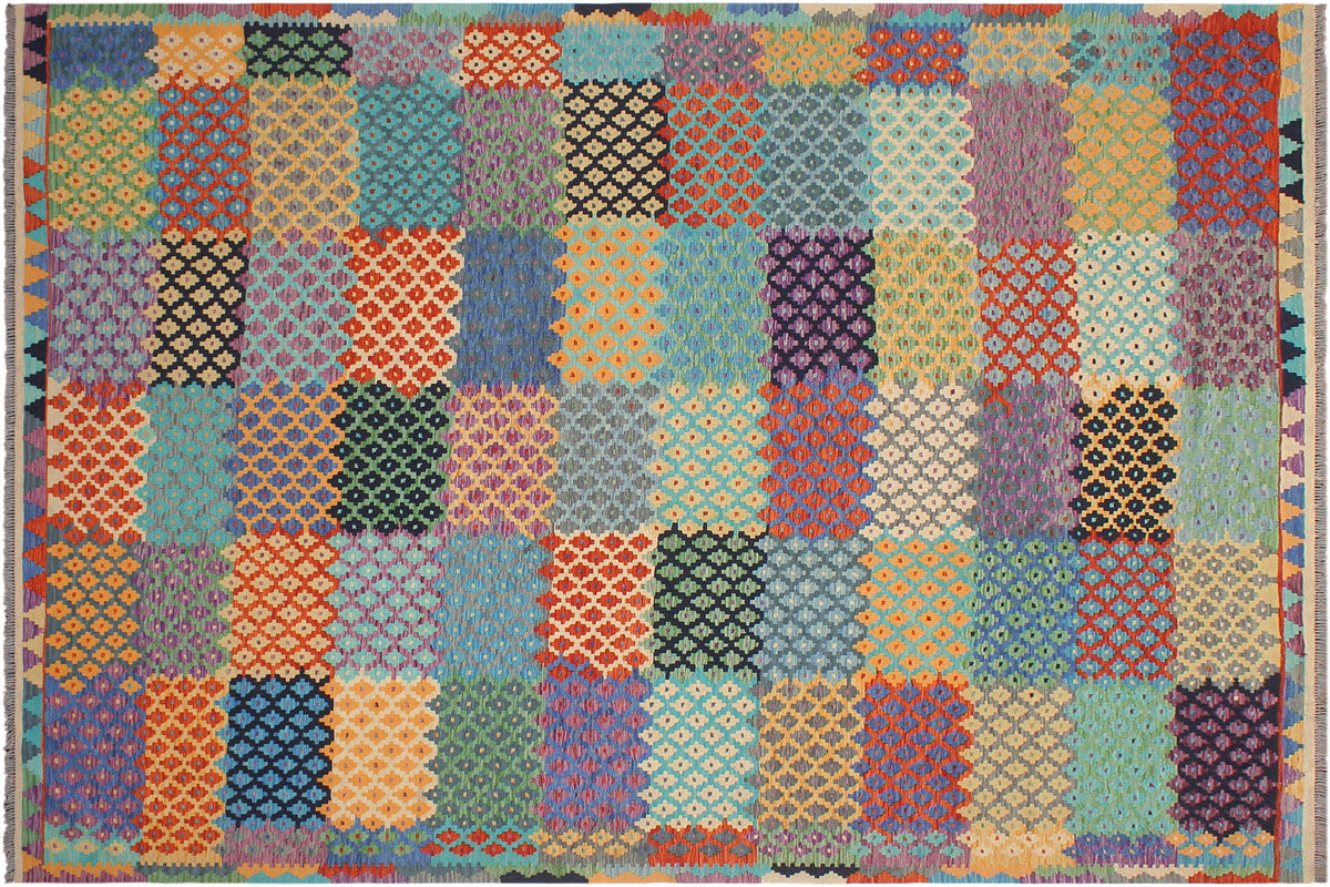 handmade Modern Kilim Blue Rust Hand-Woven RECTANGLE 100% WOOL area rug 8x10