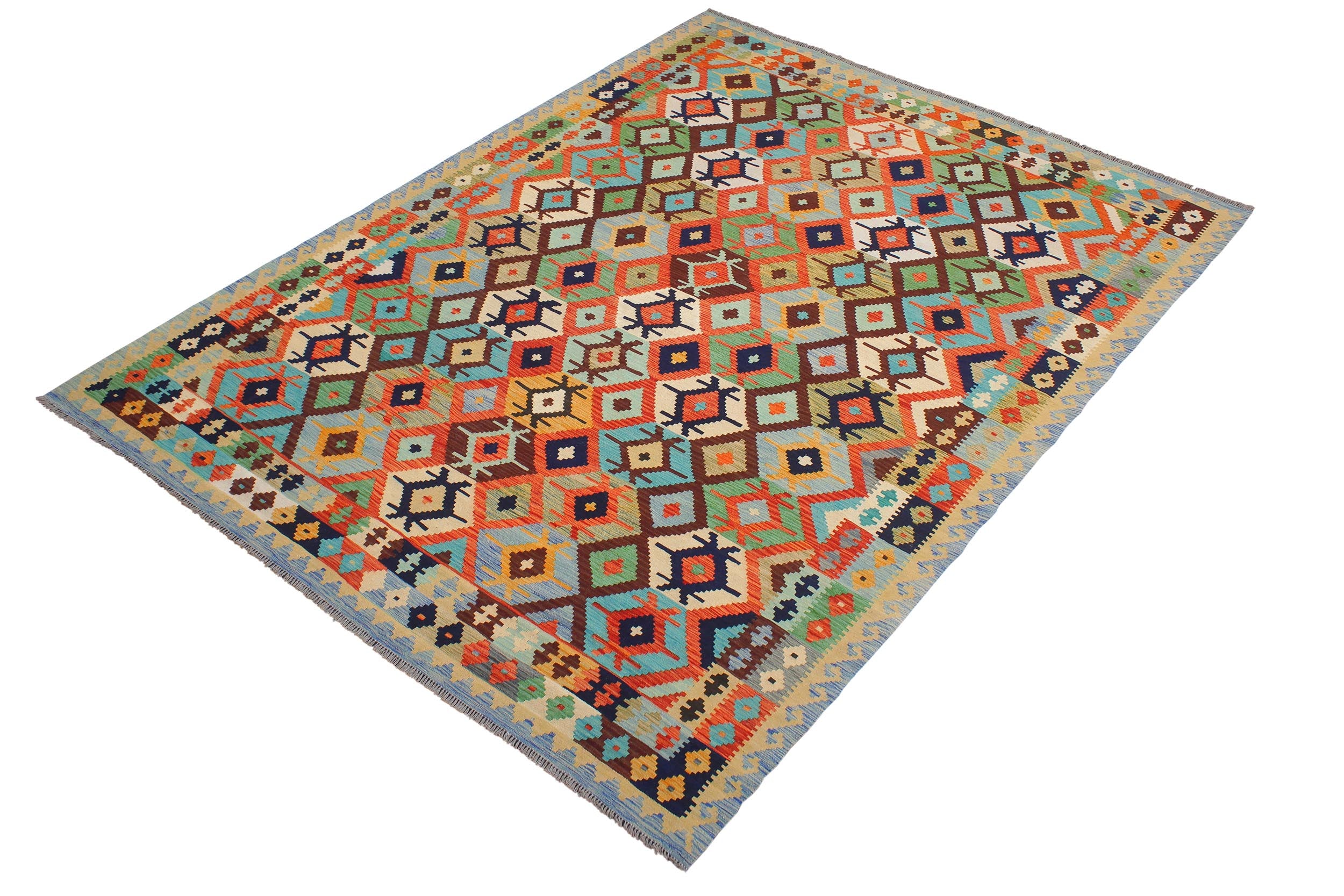 handmade Geometric Kilim Rust Blue Hand-Woven RECTANGLE 100% WOOL area rug 8 x 10