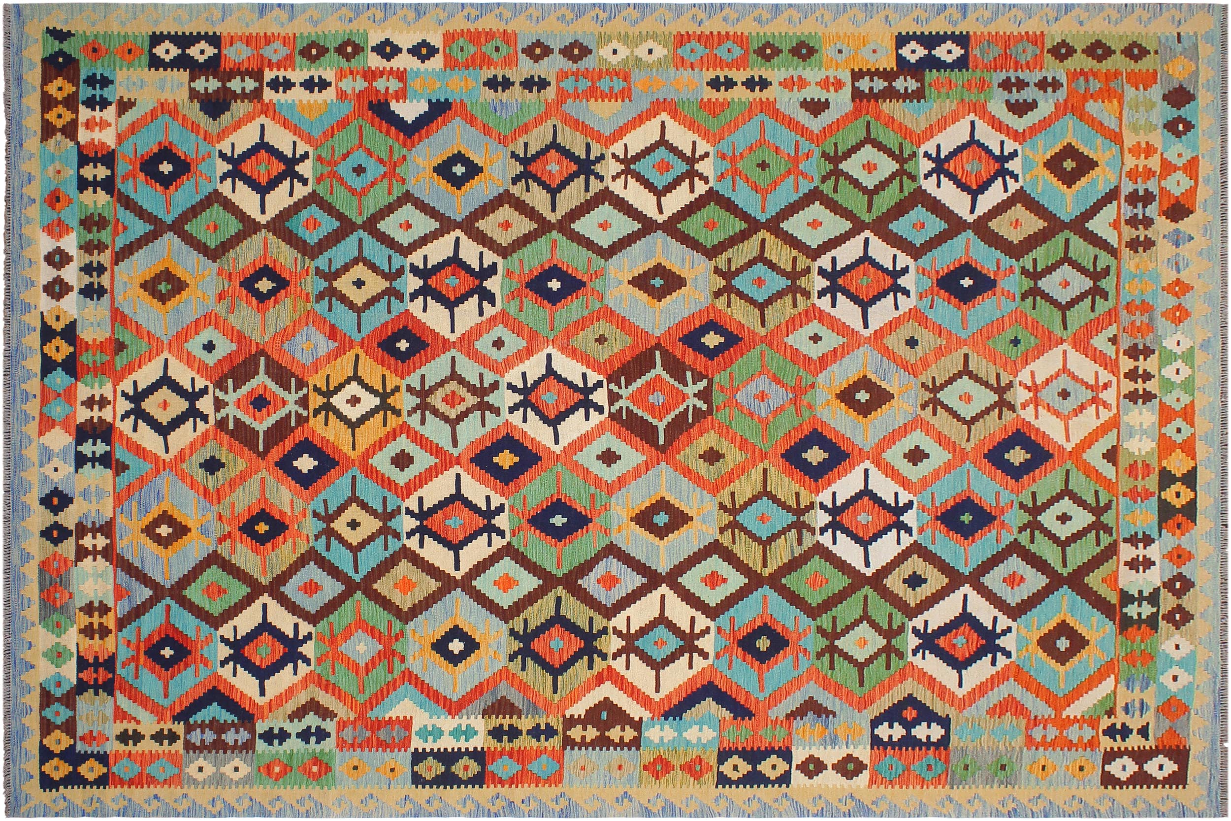 handmade Geometric Kilim Rust Blue Hand-Woven RECTANGLE 100% WOOL area rug 8 x 10