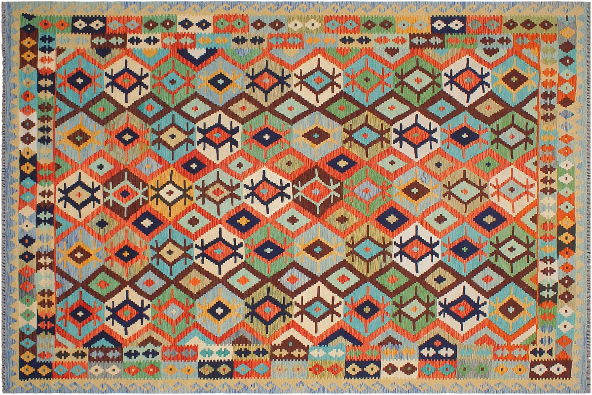 handmade Geometric Kilim Rust Blue Hand-Woven RECTANGLE 100% WOOL area rug 8 x 10