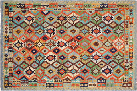 handmade Geometric Kilim Rust Blue Hand-Woven RECTANGLE 100% WOOL area rug 8 x 10