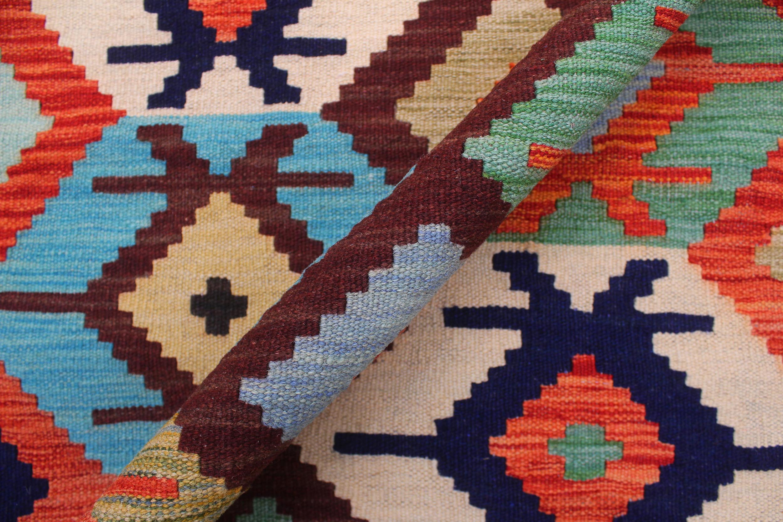 handmade Geometric Kilim Rust Blue Hand-Woven RECTANGLE 100% WOOL area rug 8 x 10