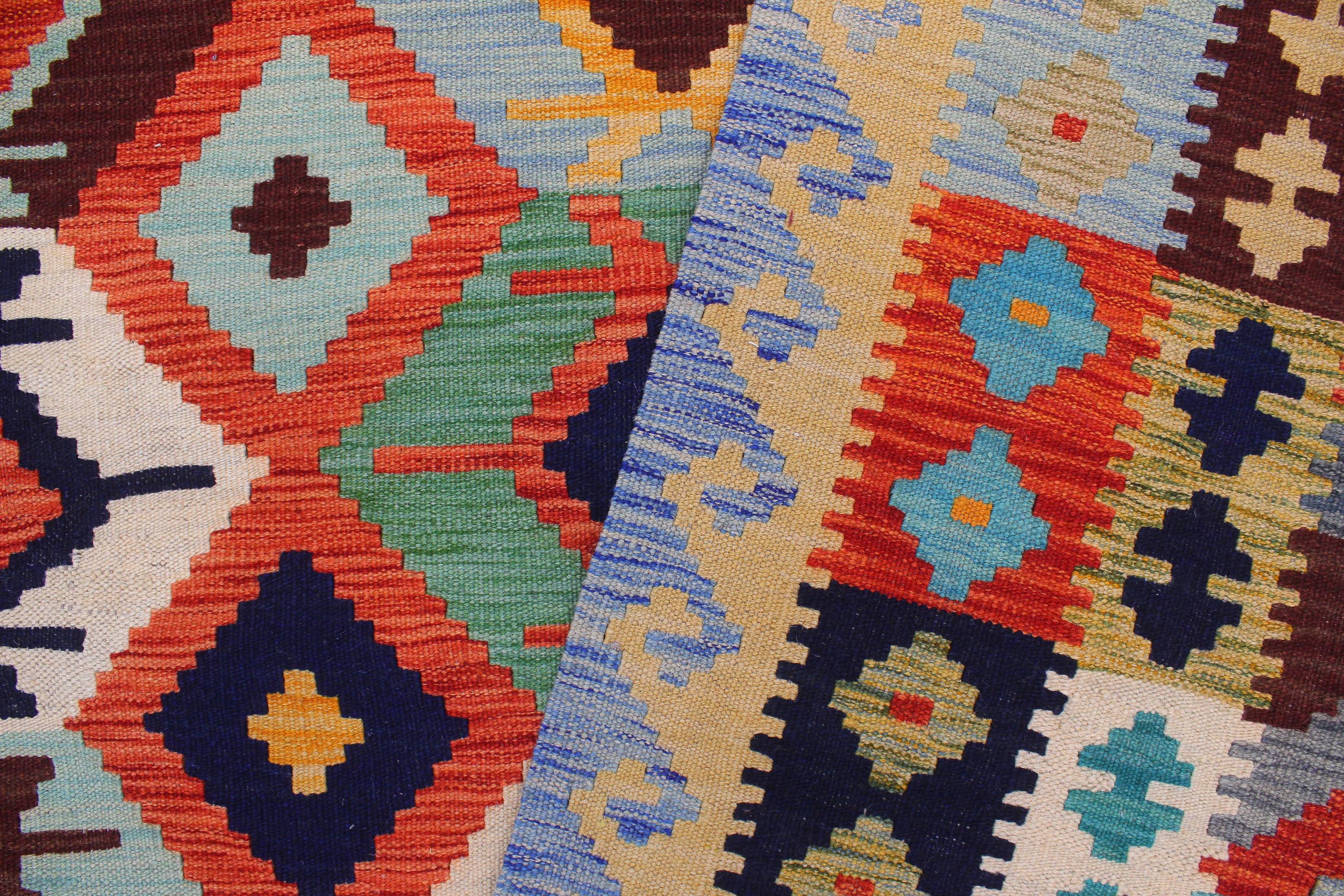 handmade Geometric Kilim Rust Blue Hand-Woven RECTANGLE 100% WOOL area rug 8 x 10