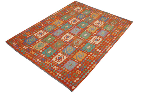 handmade Geometric Kilim Rust Blue Hand-Woven RECTANGLE 100% WOOL area rug 8 x 10