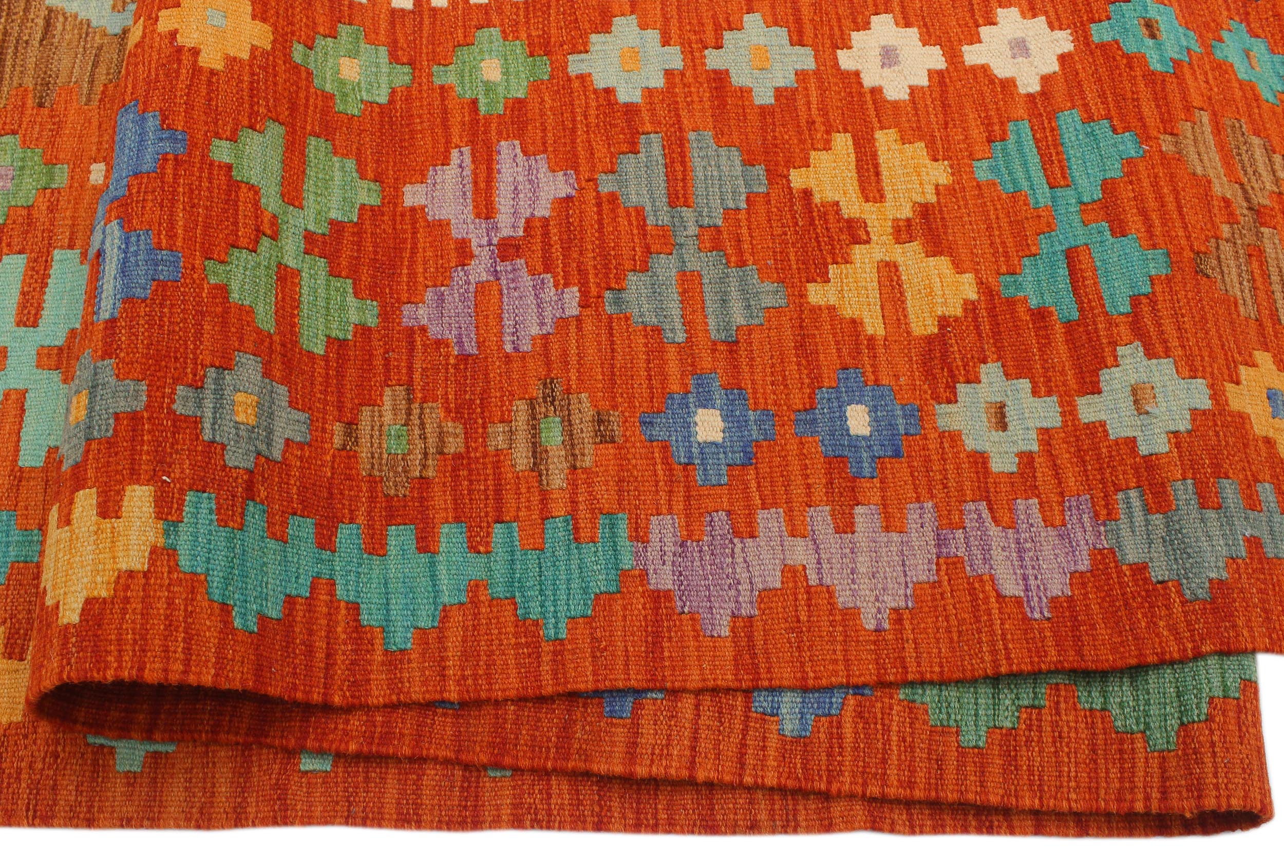 handmade Geometric Kilim Rust Blue Hand-Woven RECTANGLE 100% WOOL area rug 8 x 10