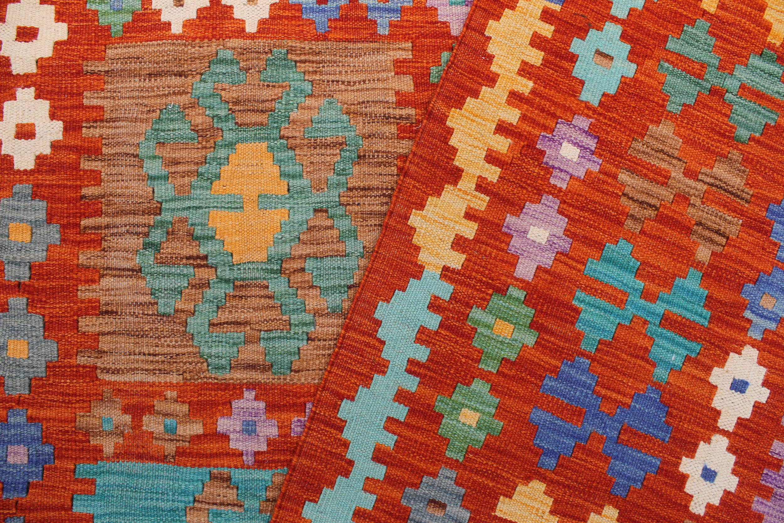 handmade Geometric Kilim Rust Blue Hand-Woven RECTANGLE 100% WOOL area rug 8 x 10