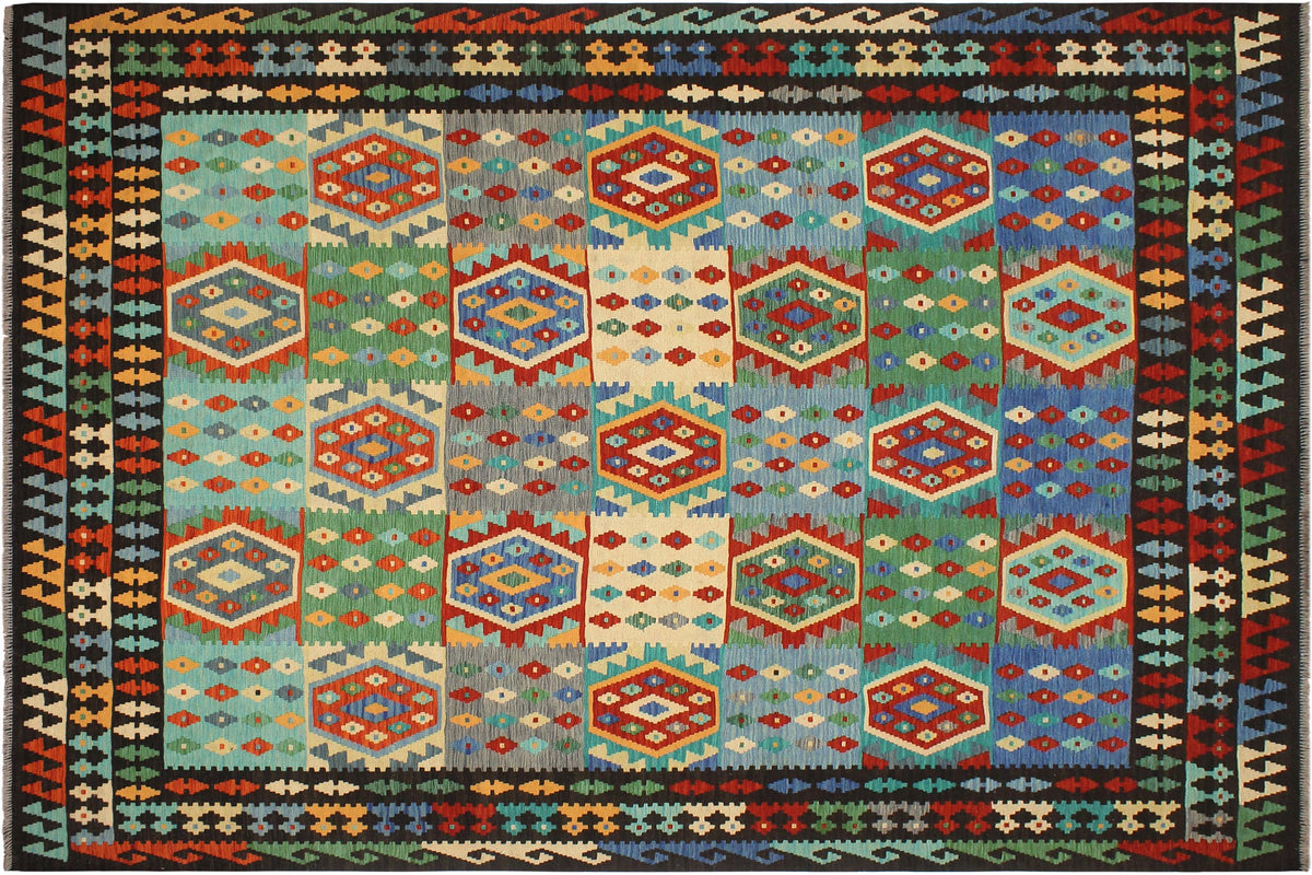 handmade Geometric Kilim Blue Brown Hand-Woven RECTANGLE 100% WOOL area rug 8 x 10