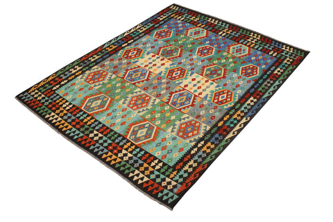 handmade Geometric Kilim Blue Brown Hand-Woven RECTANGLE 100% WOOL area rug 8 x 10