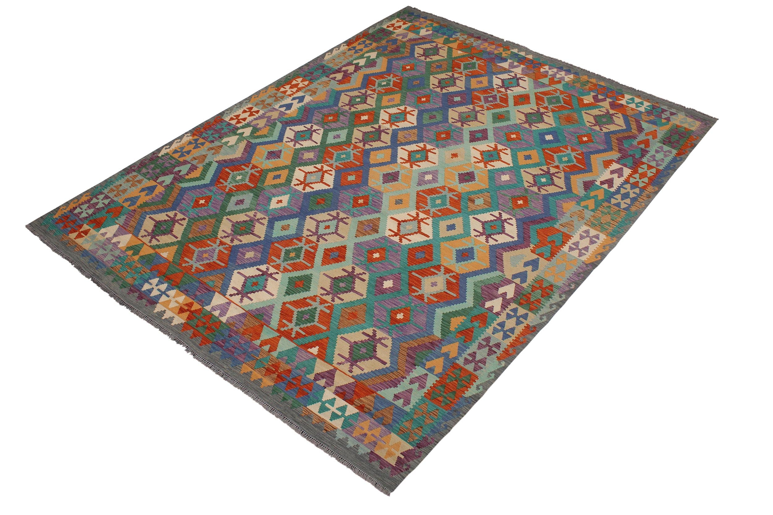 handmade Geometric Kilim Rust Gray Hand-Woven RECTANGLE 100% WOOL area rug 8 x 10