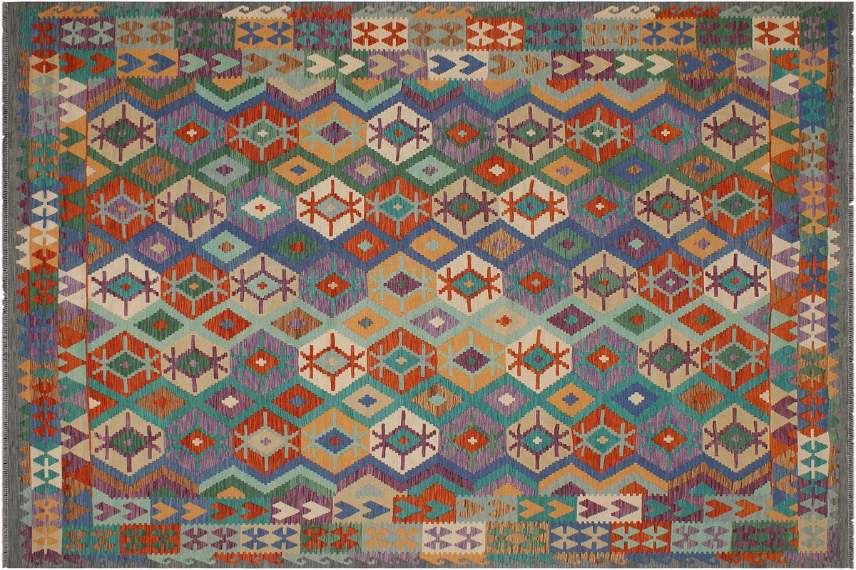 handmade Geometric Kilim Rust Gray Hand-Woven RECTANGLE 100% WOOL area rug 8 x 10