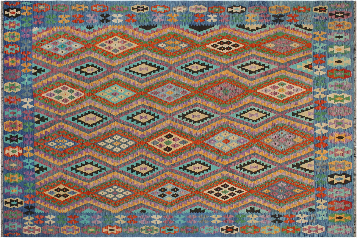 handmade Geometric Kilim Rust Blue Hand-Woven RECTANGLE 100% WOOL area rug 8 x 10