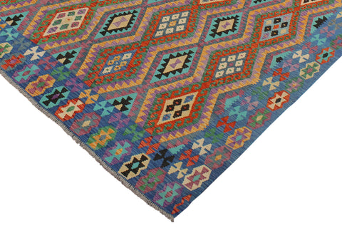 handmade Geometric Kilim Rust Blue Hand-Woven RECTANGLE 100% WOOL area rug 8 x 10