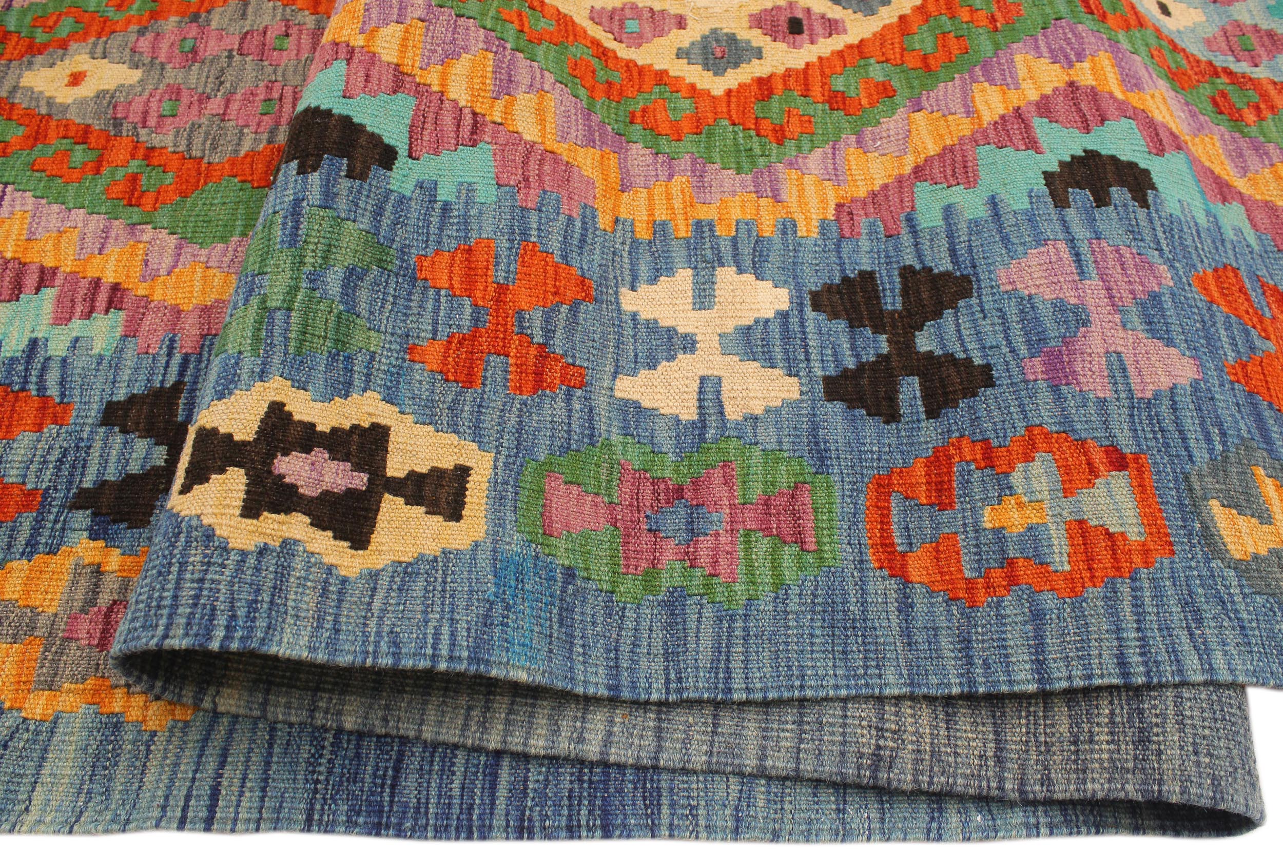 handmade Geometric Kilim Rust Blue Hand-Woven RECTANGLE 100% WOOL area rug 8 x 10