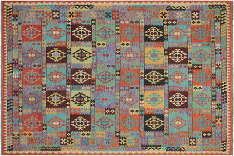 handmade Geometric Kilim Blue Rust Hand-Woven RECTANGLE 100% WOOL area rug 8 x 11