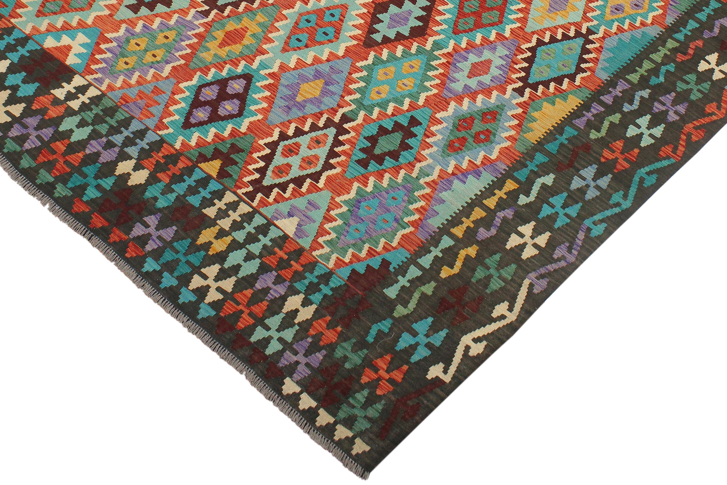 handmade Geometric Kilim Rust Green Hand-Woven RECTANGLE 100% WOOL area rug 8 x 10