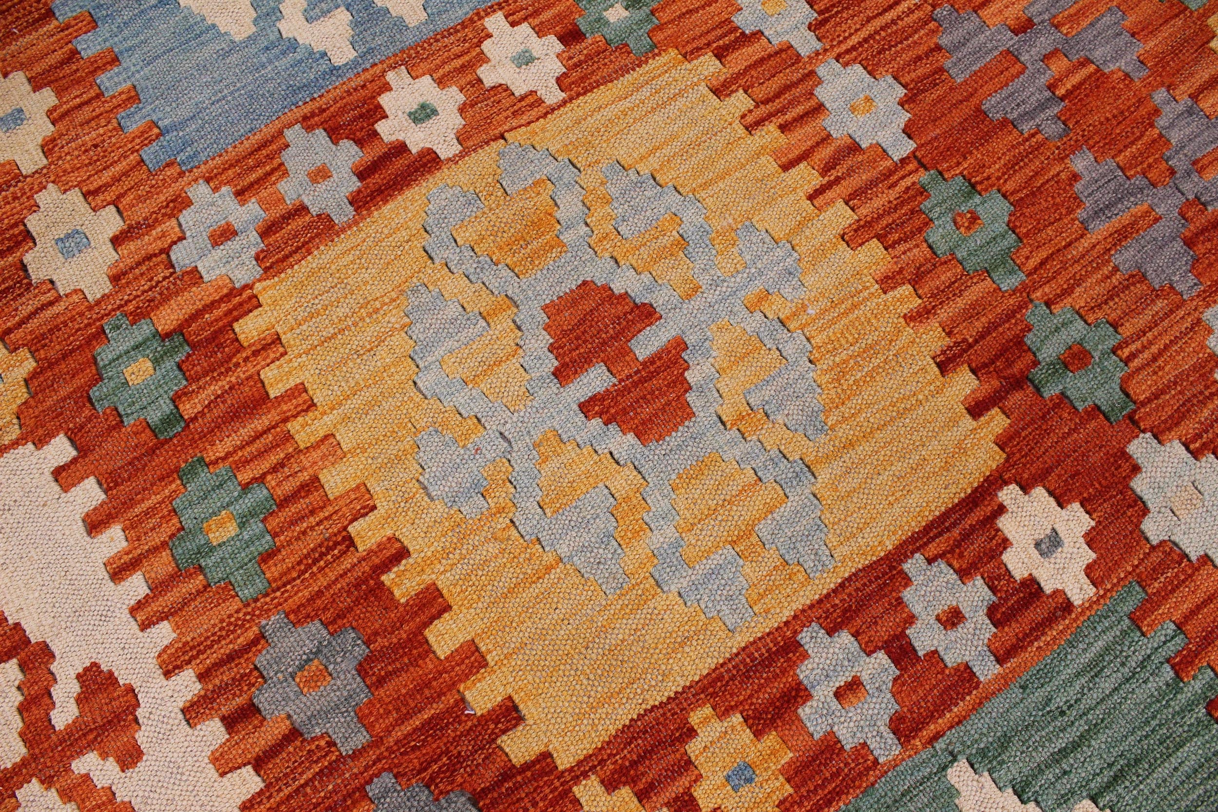 handmade Geometric Kilim Rust Blue Hand-Woven RECTANGLE 100% WOOL area rug 8 x 10