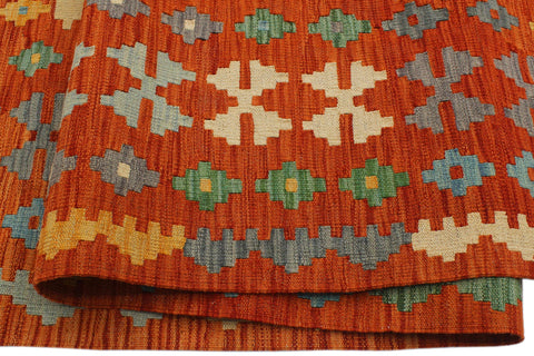 handmade Geometric Kilim Rust Blue Hand-Woven RECTANGLE 100% WOOL area rug 8 x 10