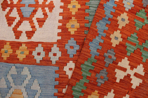 handmade Geometric Kilim Rust Blue Hand-Woven RECTANGLE 100% WOOL area rug 8 x 10