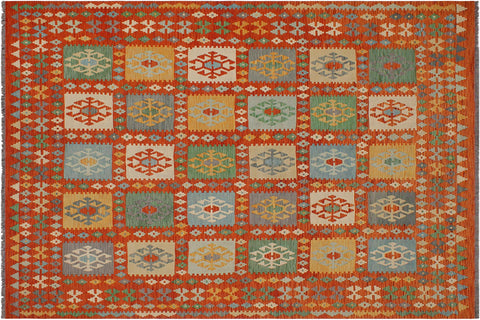 handmade Geometric Kilim Rust Blue Hand-Woven RECTANGLE 100% WOOL area rug 8 x 10