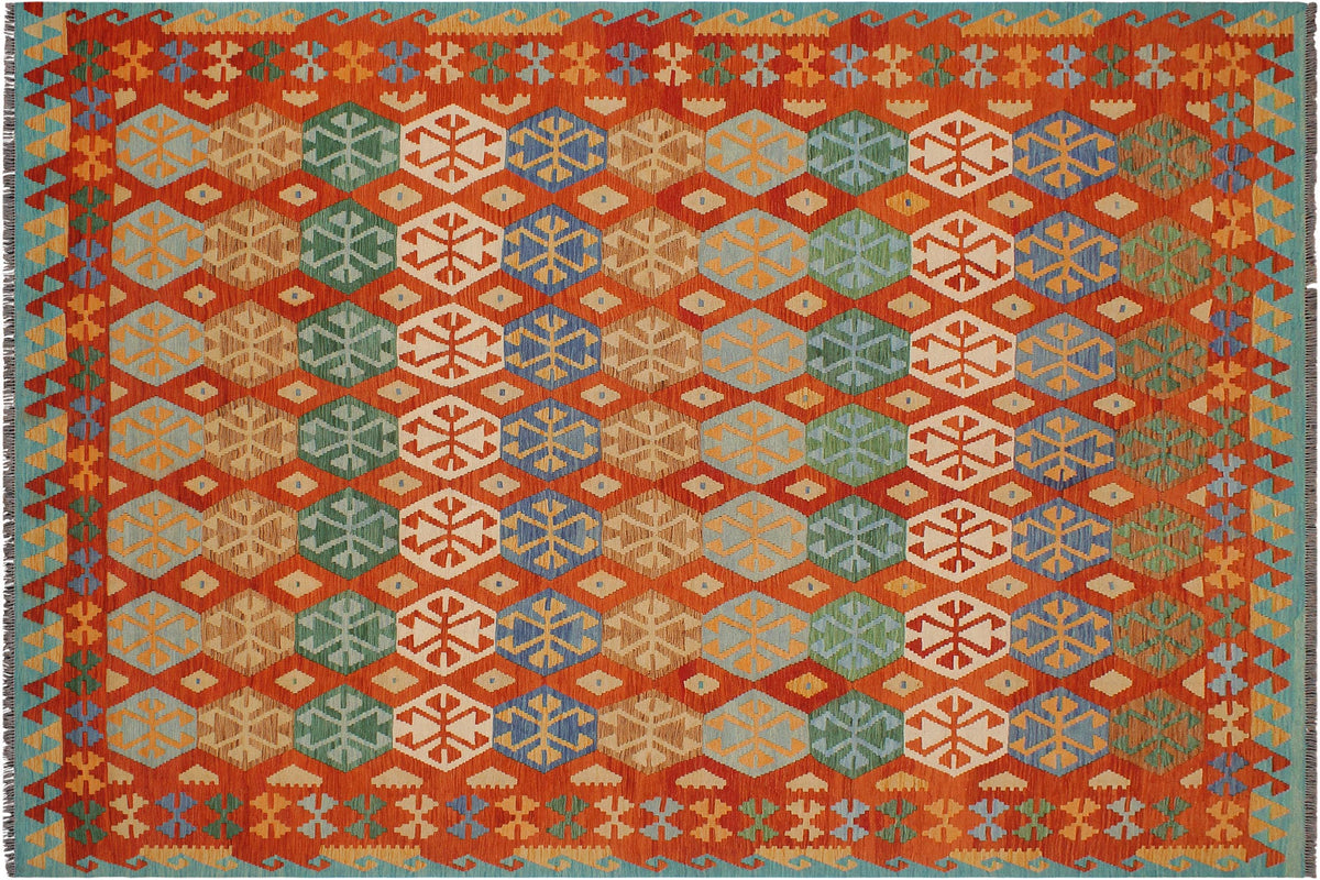 handmade Geometric Kilim Rust Blue Hand-Woven RECTANGLE 100% WOOL area rug 9 x 10
