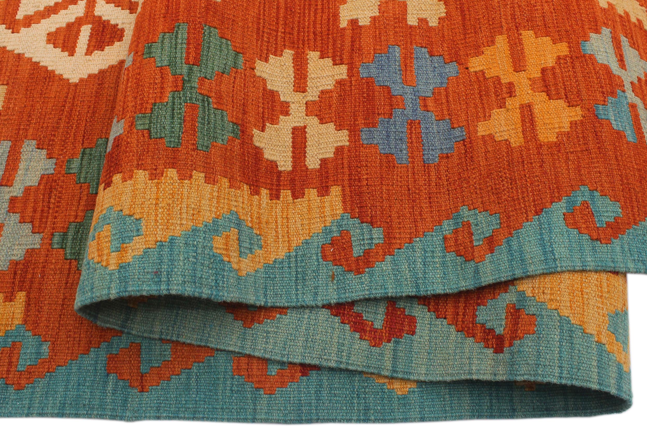 handmade Geometric Kilim Rust Blue Hand-Woven RECTANGLE 100% WOOL area rug 9 x 10