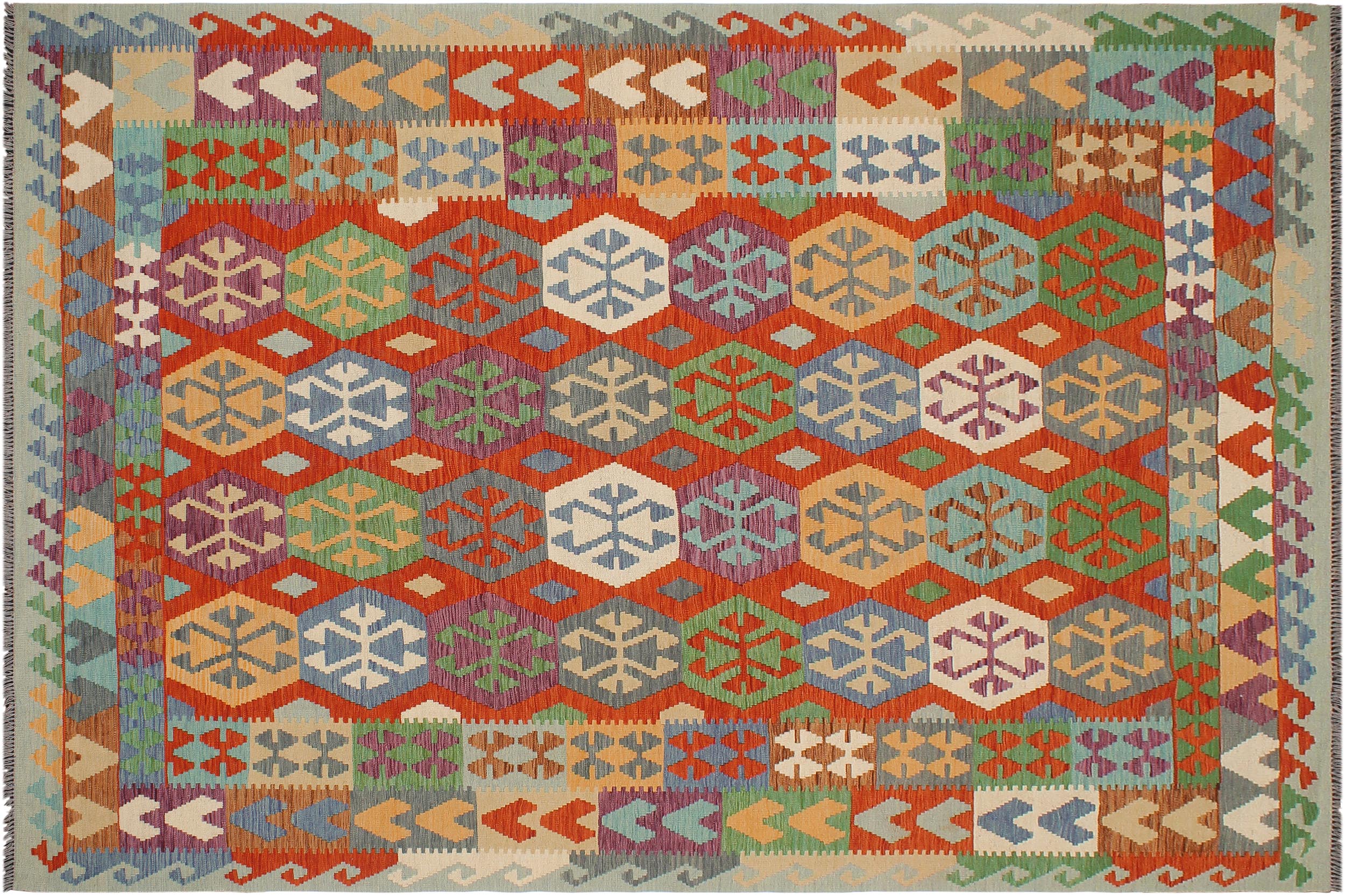 handmade Geometric Kilim Rust Blue Hand-Woven RECTANGLE 100% WOOL area rug 7 x 10