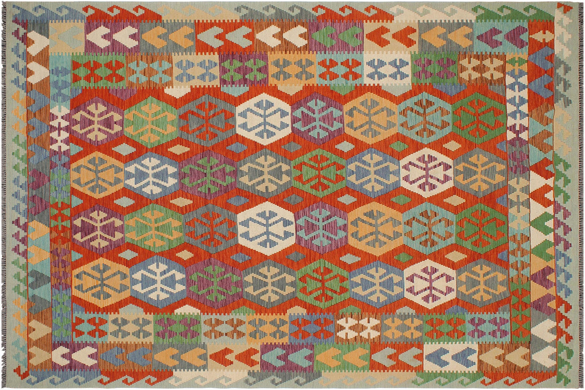 handmade Geometric Kilim Rust Blue Hand-Woven RECTANGLE 100% WOOL area rug 7 x 10