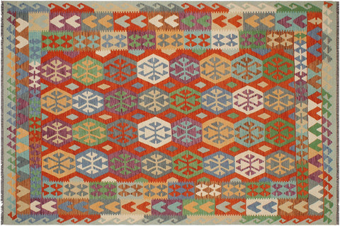 handmade Geometric Kilim Rust Blue Hand-Woven RECTANGLE 100% WOOL area rug 7 x 10