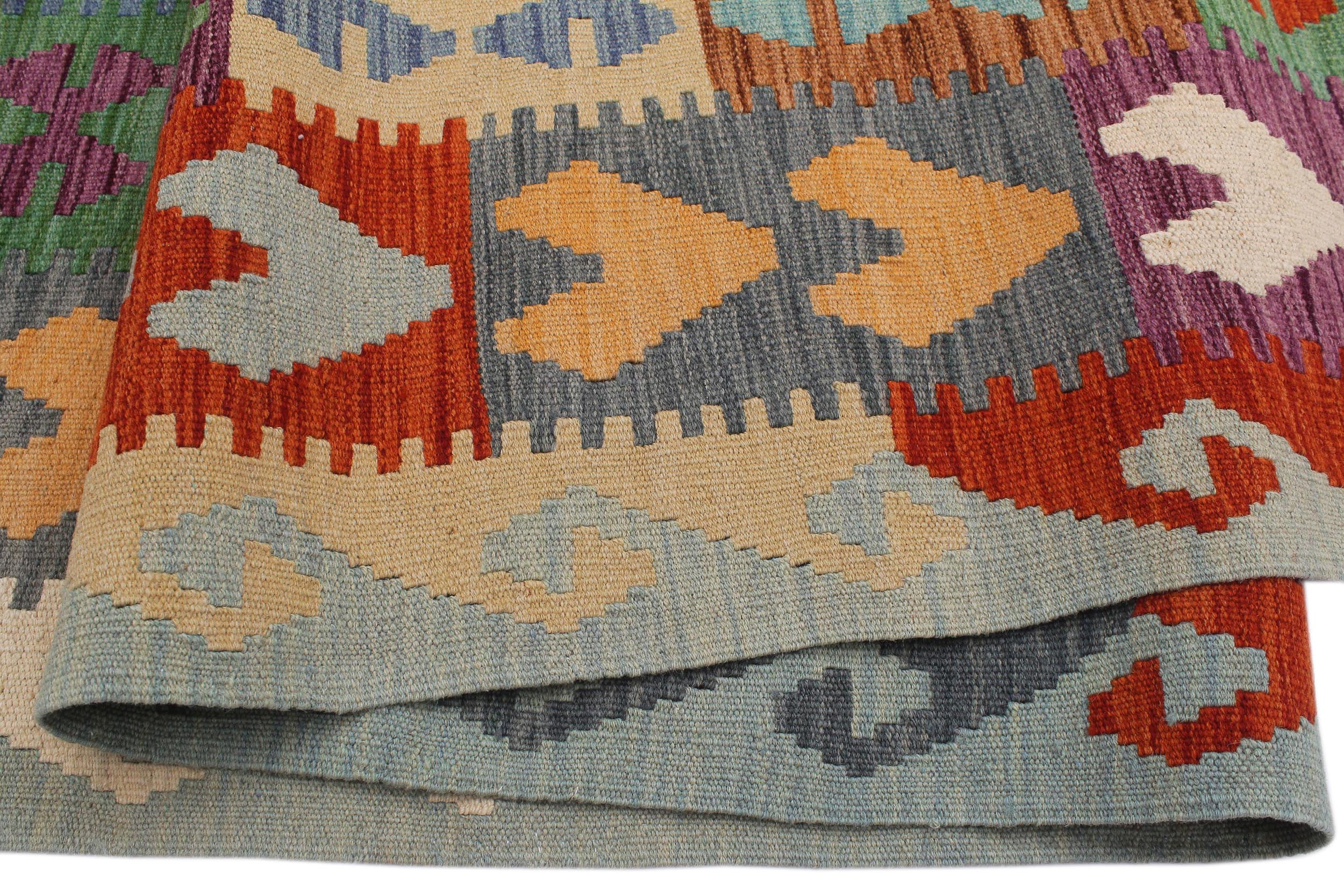 handmade Geometric Kilim Rust Blue Hand-Woven RECTANGLE 100% WOOL area rug 7 x 10