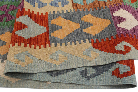 handmade Geometric Kilim Rust Blue Hand-Woven RECTANGLE 100% WOOL area rug 7 x 10