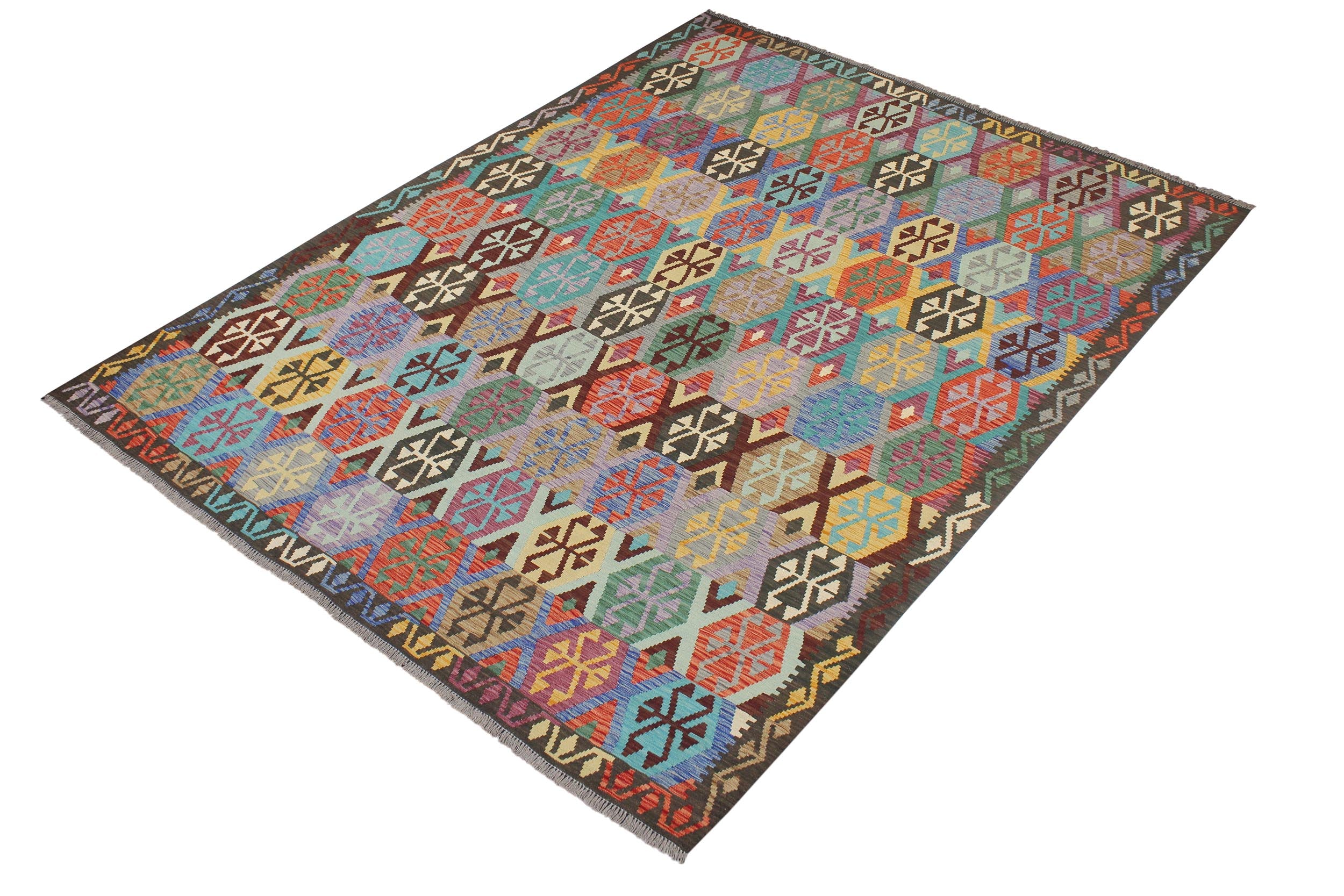 handmade Geometric Kilim Gold Green Hand-Woven RECTANGLE 100% WOOL area rug 9 x 10