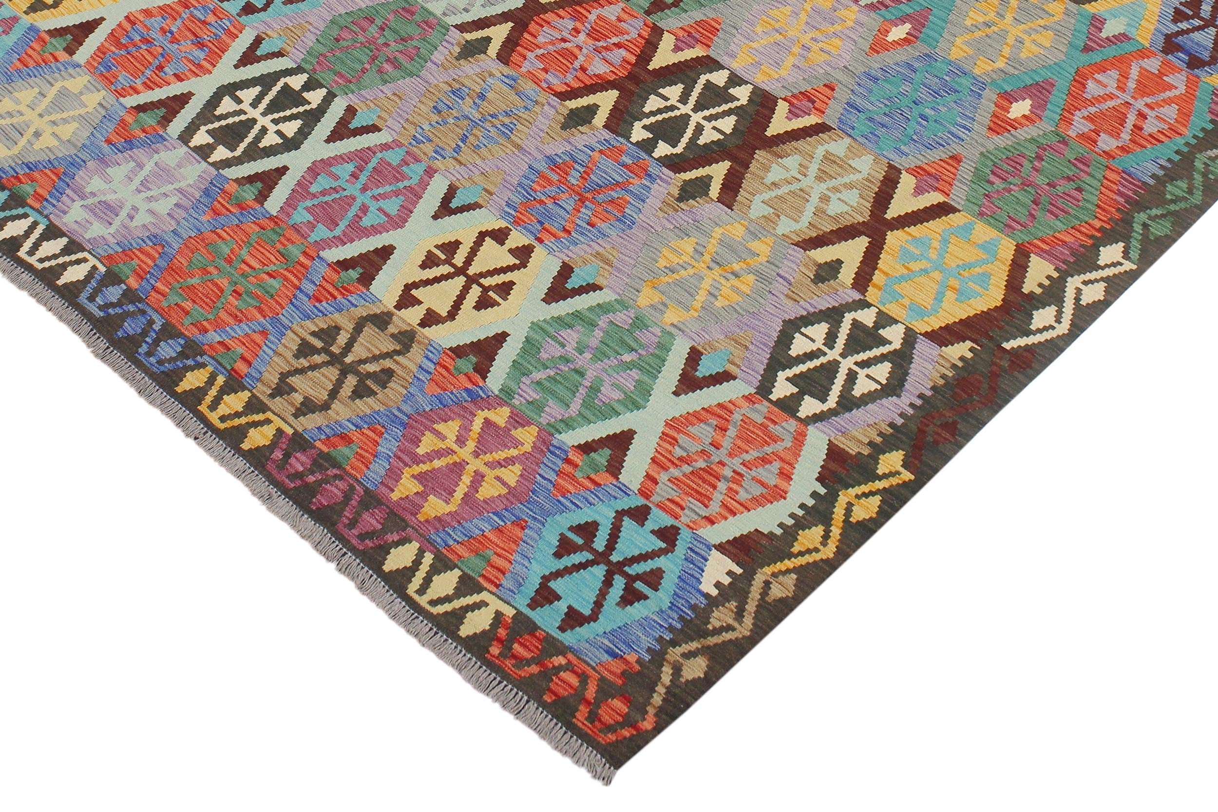 handmade Geometric Kilim Gold Green Hand-Woven RECTANGLE 100% WOOL area rug 9 x 10