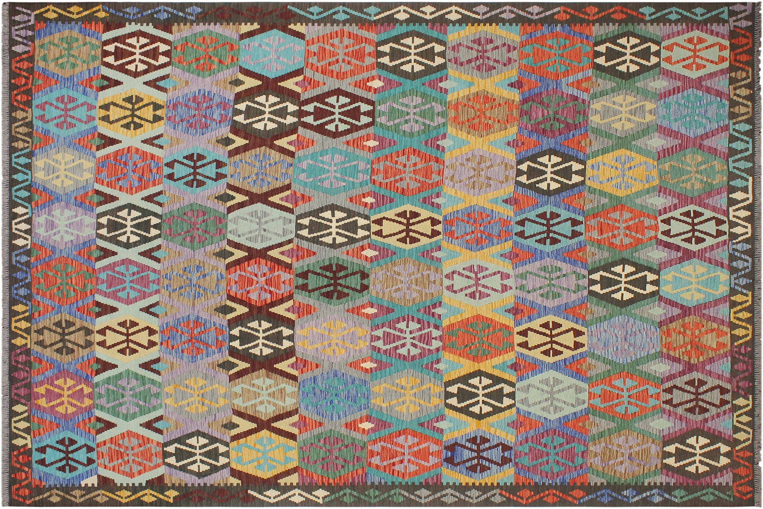 handmade Geometric Kilim Gold Green Hand-Woven RECTANGLE 100% WOOL area rug 9 x 10