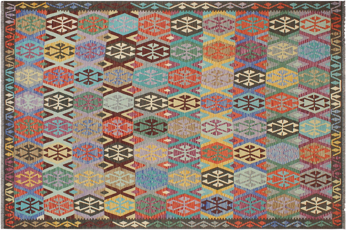 handmade Geometric Kilim Gold Green Hand-Woven RECTANGLE 100% WOOL area rug 9 x 10