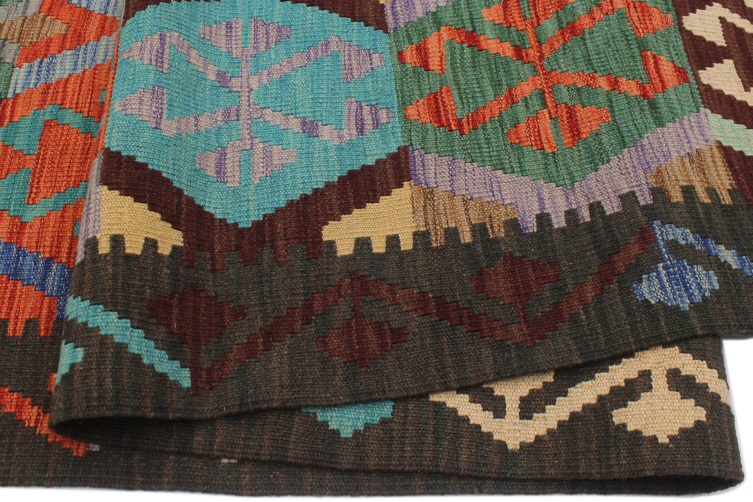 handmade Geometric Kilim Gold Green Hand-Woven RECTANGLE 100% WOOL area rug 9 x 10