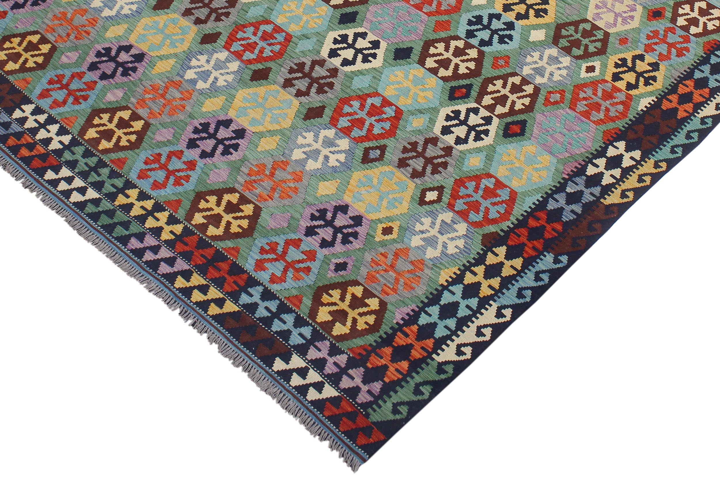 handmade Geometric Kilim Green Blue Hand-Woven RECTANGLE 100% WOOL area rug 9 x 11