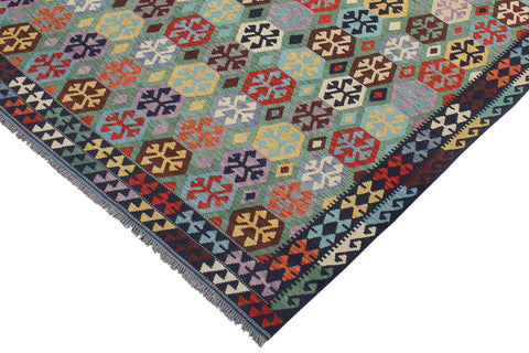handmade Geometric Kilim Green Blue Hand-Woven RECTANGLE 100% WOOL area rug 9 x 11