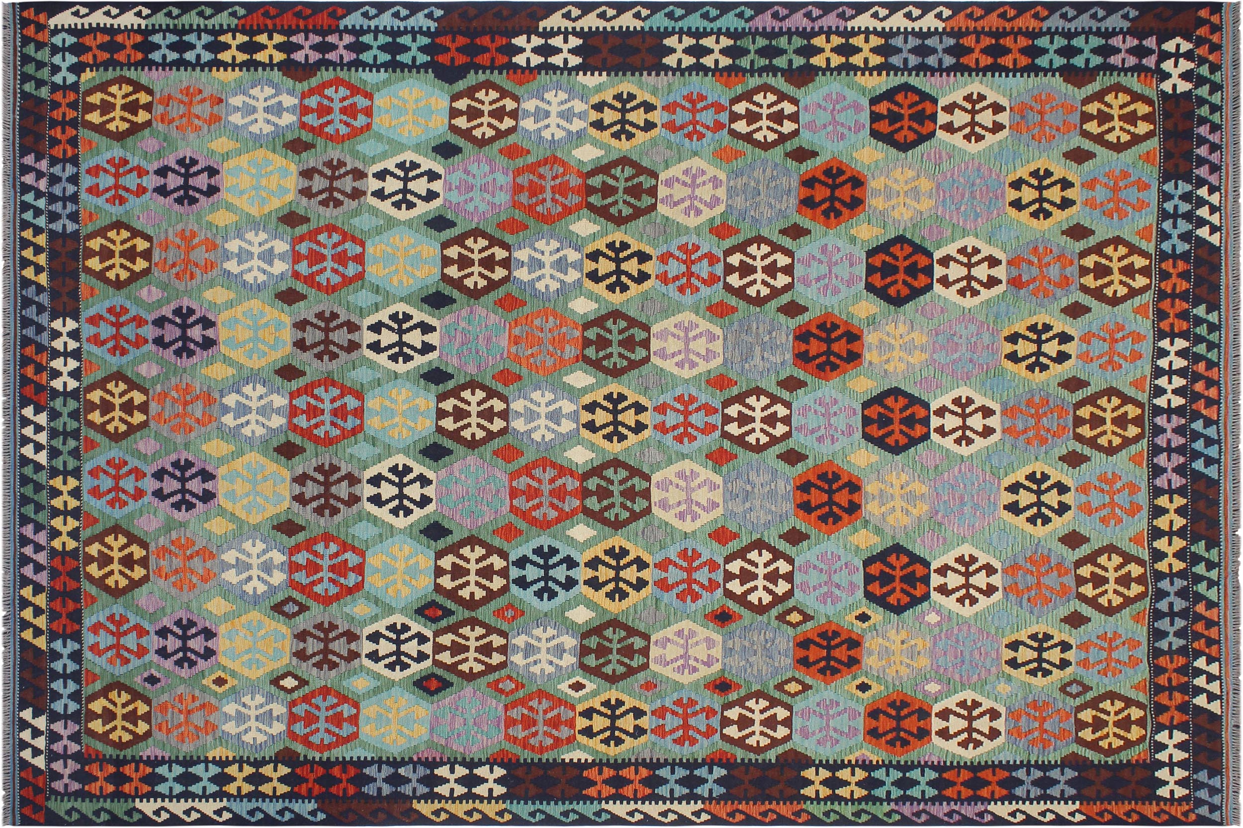 handmade Geometric Kilim Green Blue Hand-Woven RECTANGLE 100% WOOL area rug 9 x 11