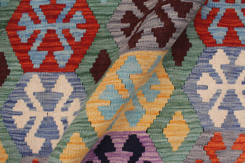 handmade Geometric Kilim Green Blue Hand-Woven RECTANGLE 100% WOOL area rug 9 x 11