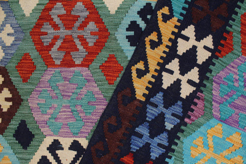 handmade Geometric Kilim Green Blue Hand-Woven RECTANGLE 100% WOOL area rug 9 x 11