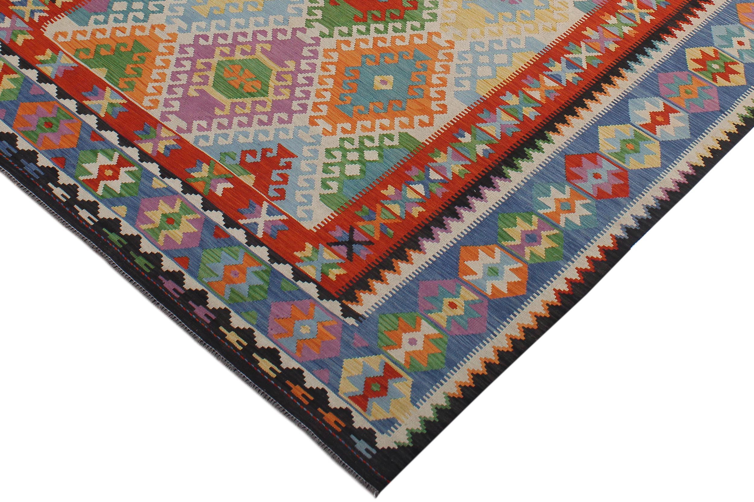 handmade Geometric Kilim Blue Rust Hand-Woven RECTANGLE 100% WOOL area rug 8 x 12