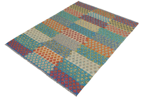 handmade Modern Kilim Red Blue Hand-Woven RECTANGLE 100% WOOL area rug 6x8