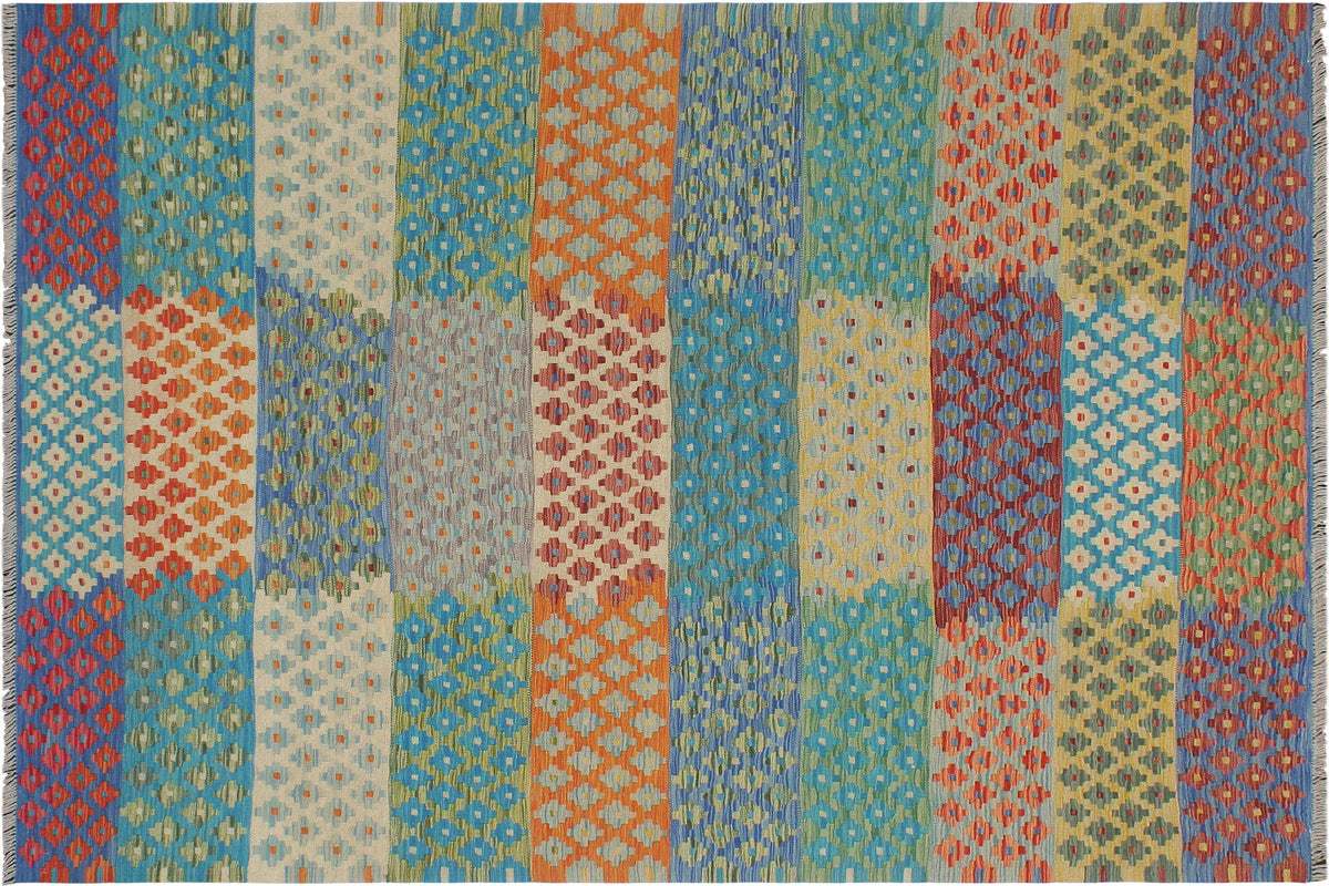 handmade Modern Kilim Red Blue Hand-Woven RECTANGLE 100% WOOL area rug 6x8