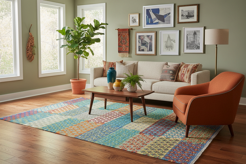 handmade Modern Kilim Red Blue Hand-Woven RECTANGLE 100% WOOL area rug 6x8