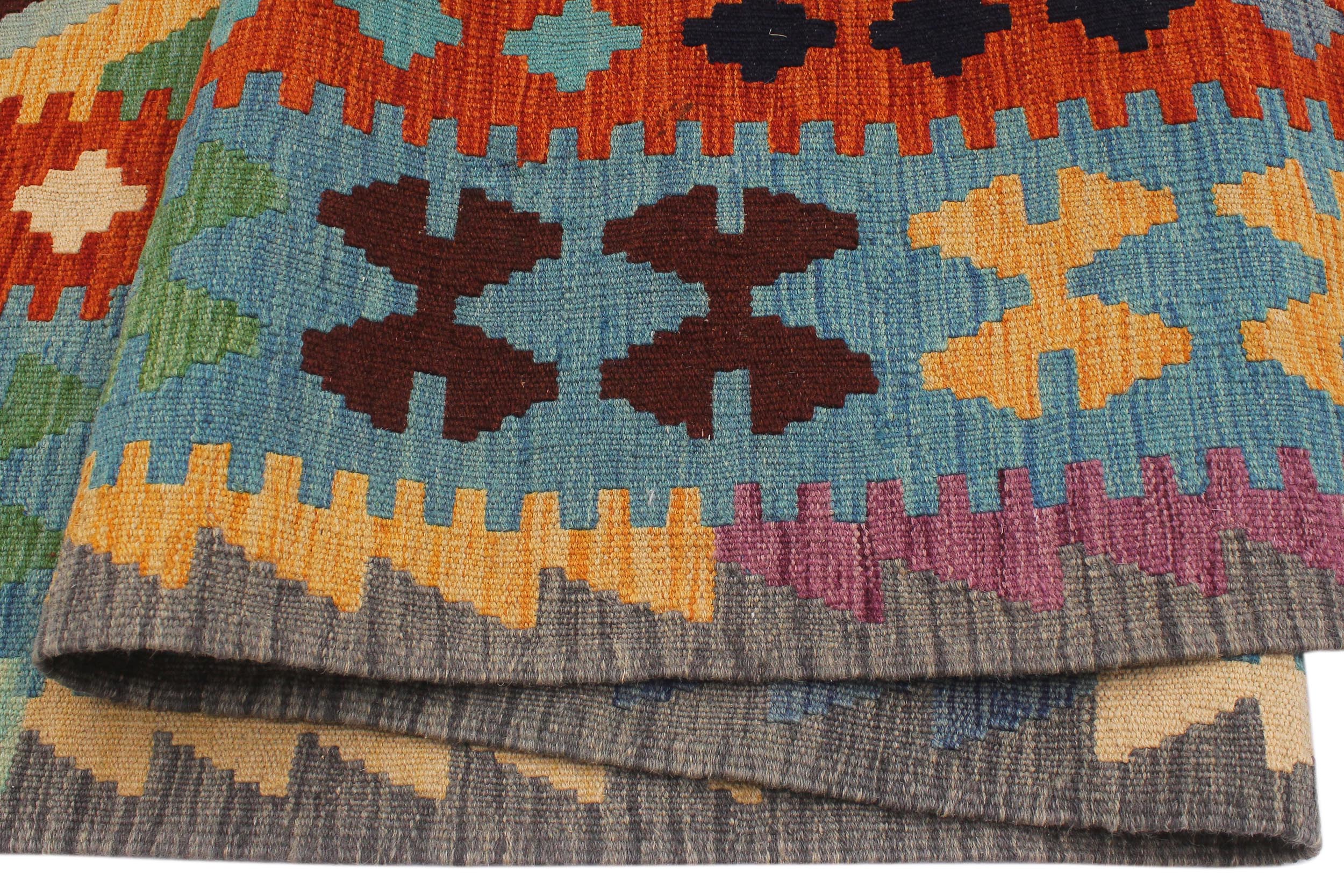 handmade Geometric Kilim Rust Blue Hand-Woven RECTANGLE 100% WOOL area rug 8 x 11