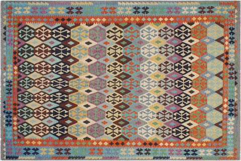handmade Geometric Kilim Rust Blue Hand-Woven RECTANGLE 100% WOOL area rug 8 x 11